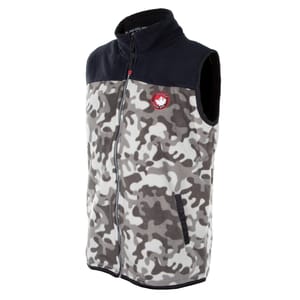 This is a sleeveless, camouflage-patterned sherpa vest with a navy blue collar, a front zipper, and a logo on the chest. There are also zippered pockets on the sides.