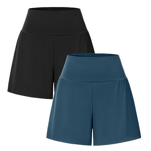 Two pairs of high-waisted athletic shorts, one in black and one in blue, designed with a wide waistband for comfort and support.