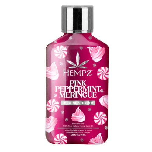 Hempz Pink Peppermint Meringue body moisturizer, enriched with 100% pure natural hemp seed oil, presented in a 2.25 fl oz (66 mL) bottle.