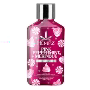 Hempz Pink Peppermint Meringue body moisturizer, enriched with 100% pure natural hemp seed oil, presented in a 2.25 fl oz (66 mL) bottle.