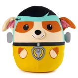 A plush toy depicting a dog character dressed as a superhero, featuring a yellow outfit, a blue mask, and a badge emblem.