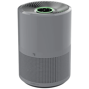 A cylindrical air purifier with a sleek design, featuring a top vent and circular control panel with a green light indicator.