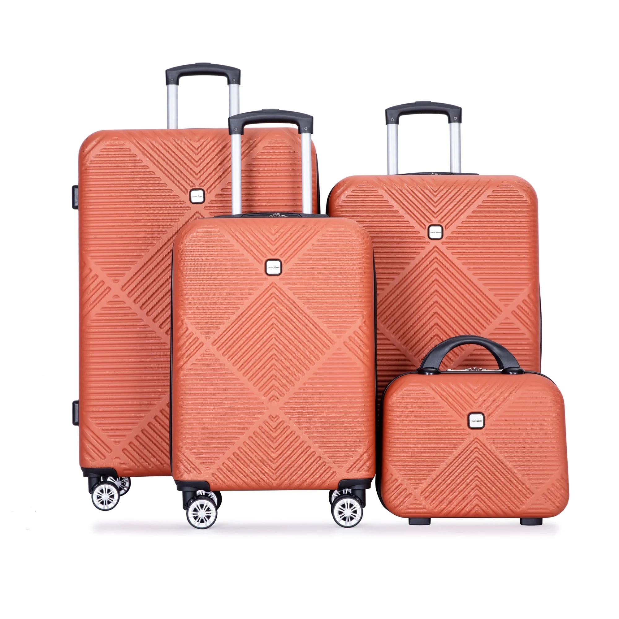 4pc hardside luggage set in orange with a geometric pattern includes three suitcases of varying sizes with telescopic handles and multi-directional wheels, plus one handheld carry case.