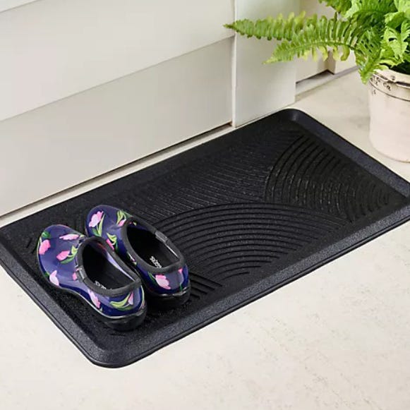 A black boot tray with a textured surface holds a pair of floral-patterned garden clogs. A potted fern is nearby.