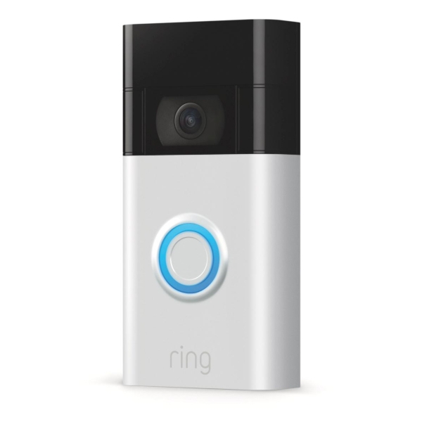The Ring Video Doorbell Plus is a rectangular, two-toned device with a camera at the top and a button with a blue light ring at the center. It is used for video monitoring and doorbell functionality.