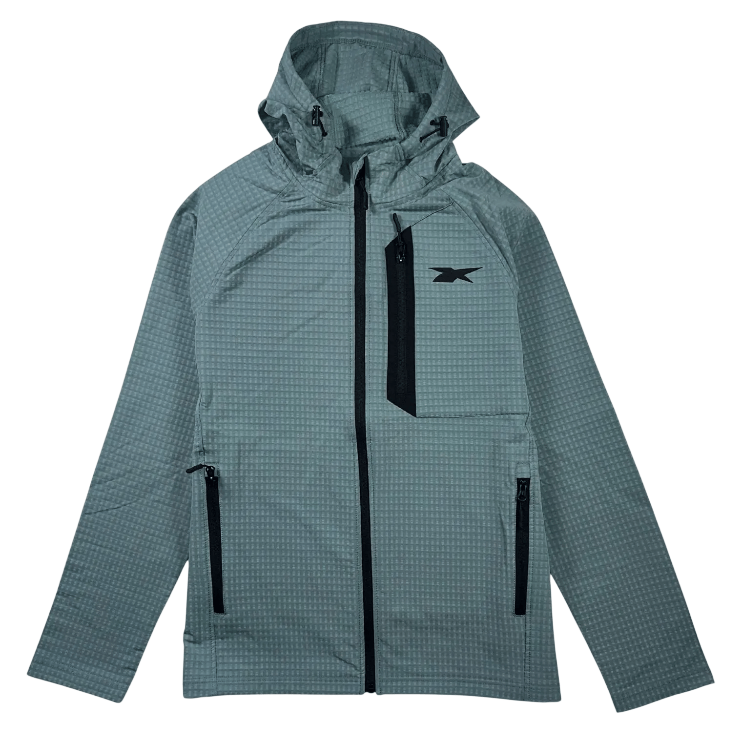 Gray hooded jacket with a subtle grid pattern, featuring black zippers on the front, pockets, and a small chest logo.