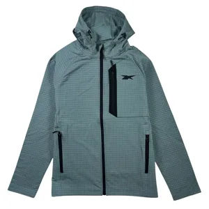 Gray hooded jacket with a subtle grid pattern, featuring black zippers on the front, pockets, and a small chest logo.