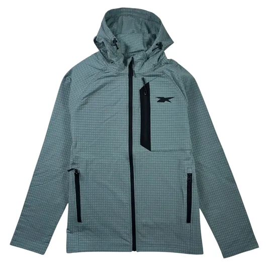 Gray hooded jacket with a subtle grid pattern, featuring black zippers on the front, pockets, and a small chest logo.