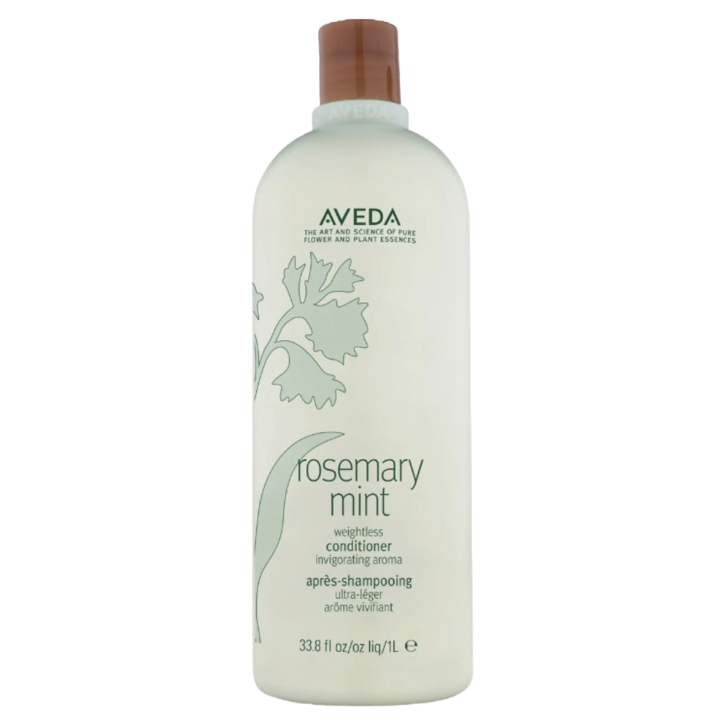 Aveda Rosemary Mint Weightless Conditioner, 33.8 fl oz (1L), features an invigorating aroma and aims to provide lightweight conditioning with the essence of pure flower and plant extracts.