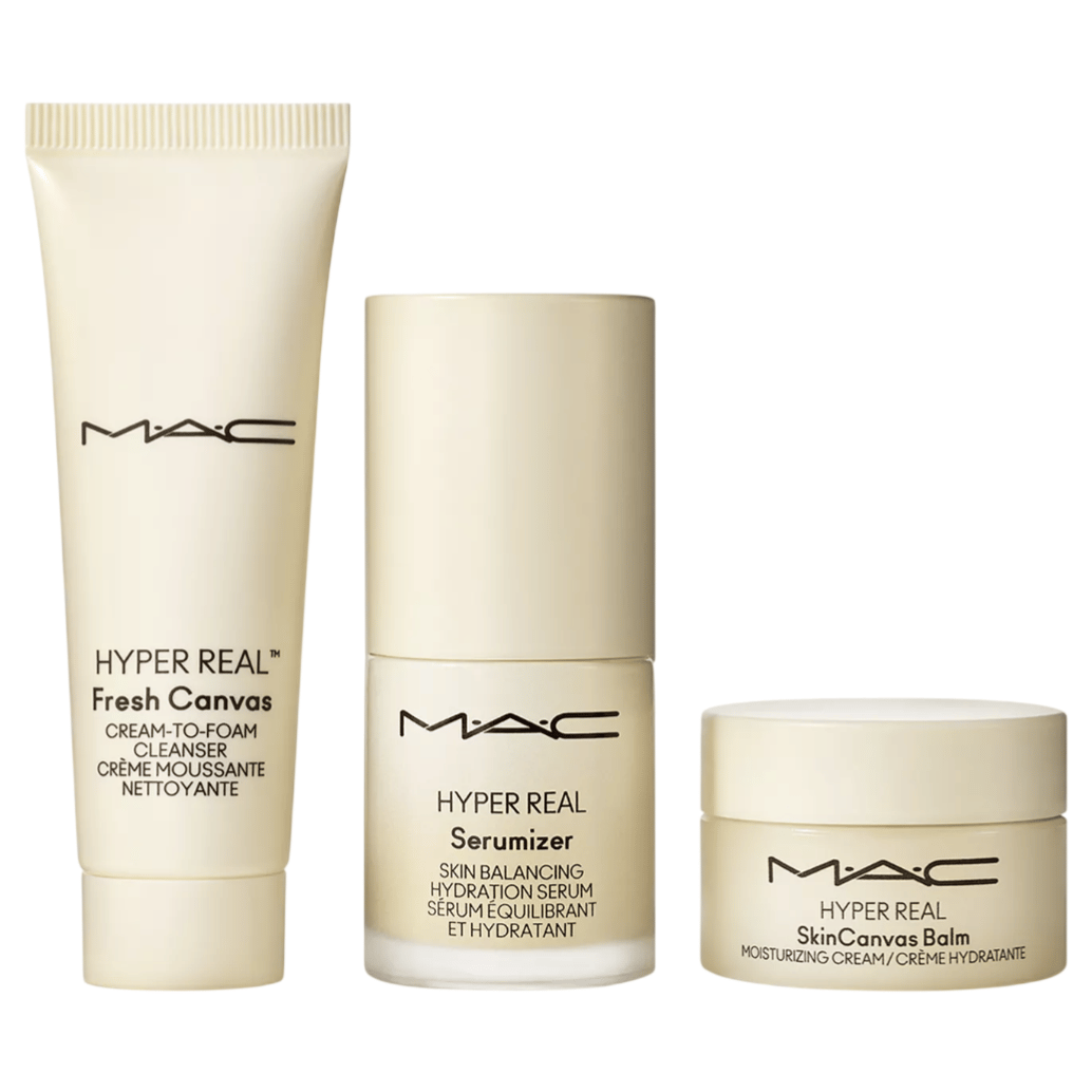 MAC's Hyper Real line includes Fresh Canvas cream-to-foam cleanser, Serumizer skin balancing hydration serum, and SkinCanvas Balm moisturizing cream.