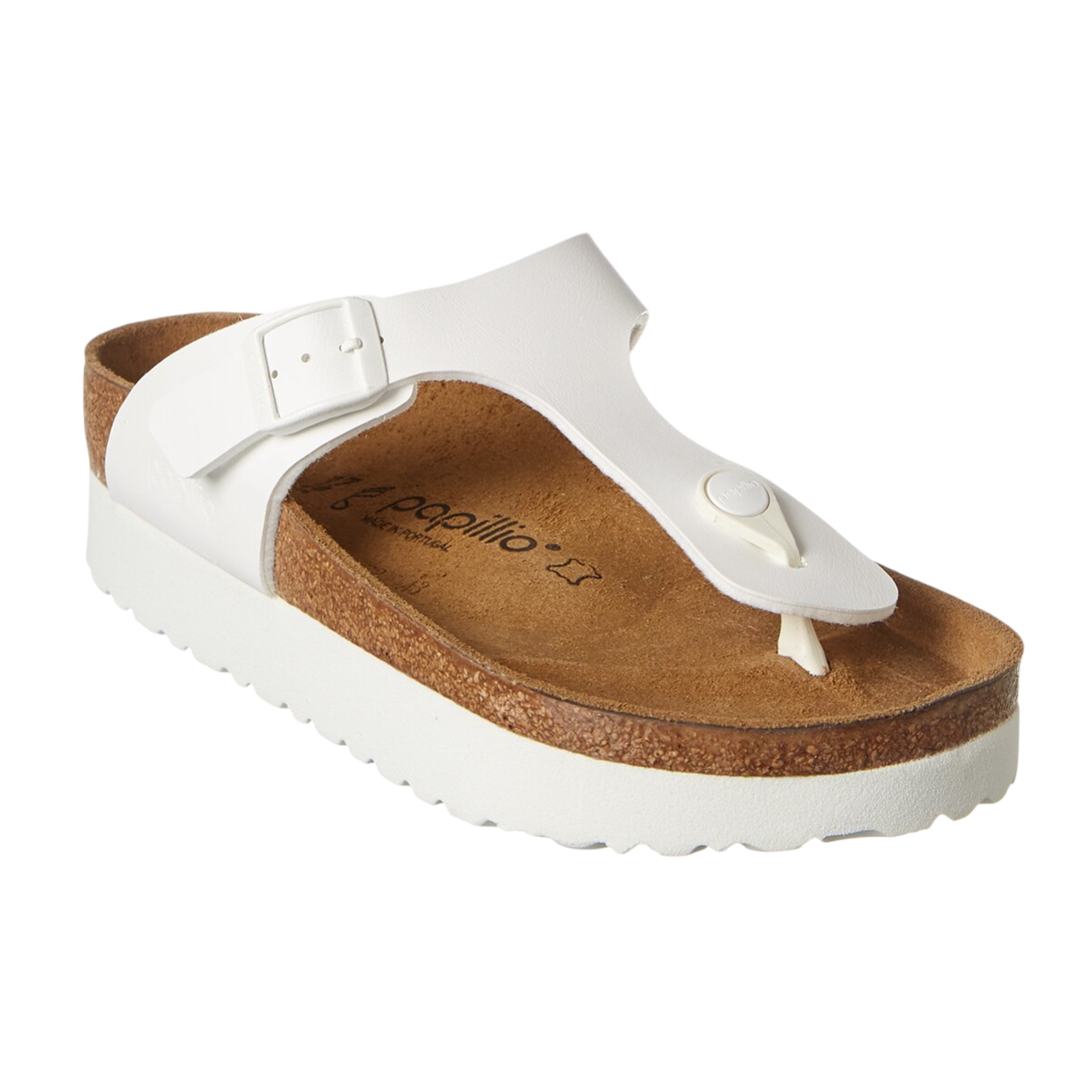 White thong sandal with an adjustable strap, cork footbed, and a thick white sole, labeled \“Papillio\“.