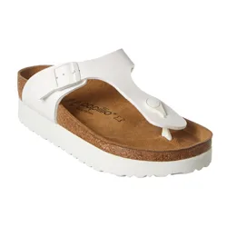 White thong sandal with an adjustable strap, cork footbed, and a thick white sole, labeled \“Papillio\“.