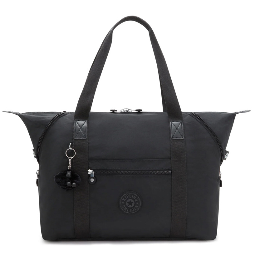 Black Kipling Art M Large Tote Bag with dual handles, a zipper closure, and external pocket. It features a hanging monkey keychain and a rounded Kipling logo on the front.