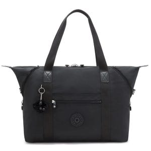 Black Kipling Art M Large Tote Bag with dual handles, a zipper closure, and external pocket. It features a hanging monkey keychain and a rounded Kipling logo on the front.
