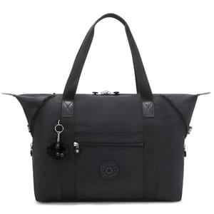 Black Kipling Art M Large Tote Bag with dual handles, a zipper closure, and external pocket. It features a hanging monkey keychain and a rounded Kipling logo on the front.