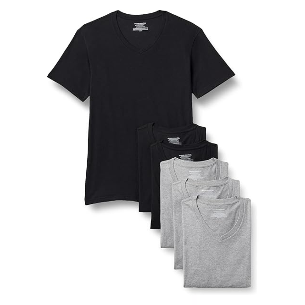 A set of V-neck T-shirts in black and gray, neatly folded and stacked.