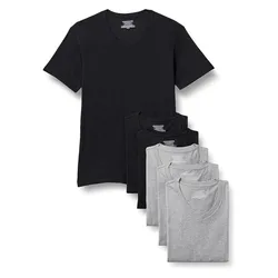 A set of V-neck T-shirts in black and gray, neatly folded and stacked.