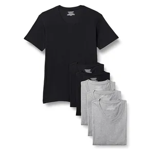 A set of V-neck T-shirts in black and gray, neatly folded and stacked.