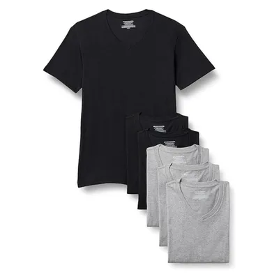 A set of V-neck T-shirts in black and gray, neatly folded and stacked.