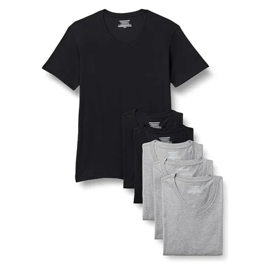 A set of V-neck T-shirts in black and gray, neatly folded and stacked.