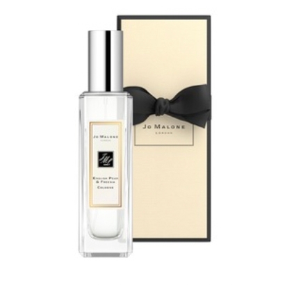 Jo Malone London cologne with English Pear & Freesia scent, presented in a clear bottle with a silver cap, accompanied by a cream-colored box with a black bow.