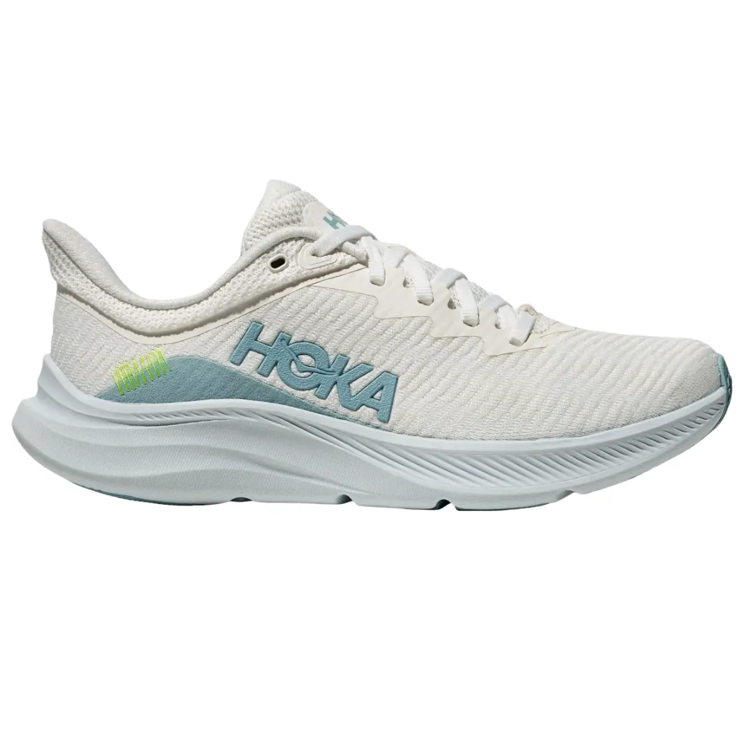 A Hoka running shoe featuring a white and light blue color scheme with a cushioned sole and breathable upper.