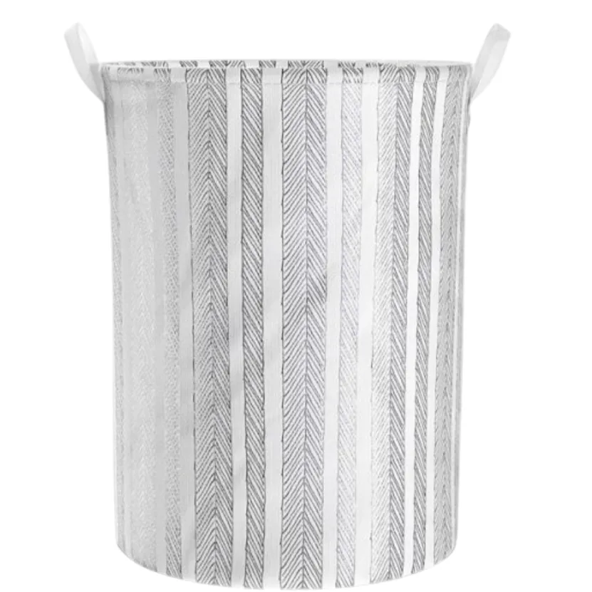 A cylindrical fabric storage basket with vertical stripes pattern and two handles.
