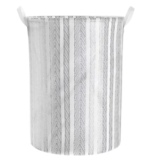 A cylindrical fabric storage basket with vertical stripes pattern and two handles.