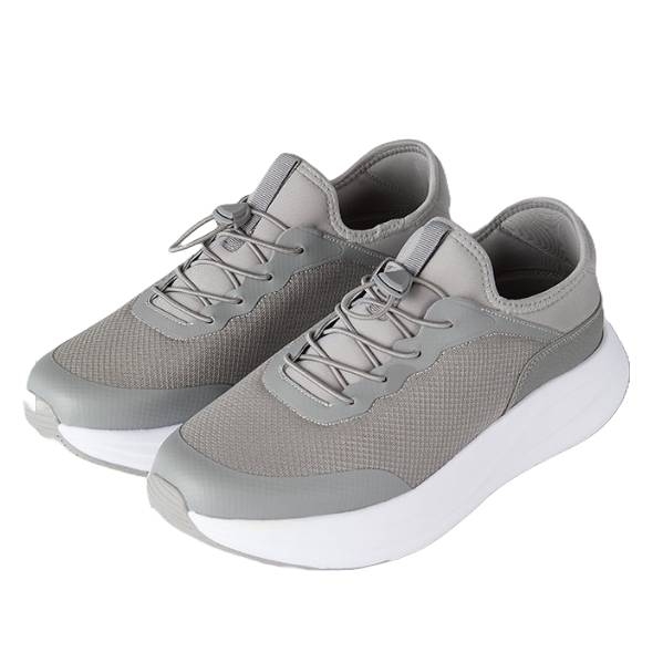 Gray athletic sneakers with a textured upper and a thick white sole, featuring elastic laces for easy wear.