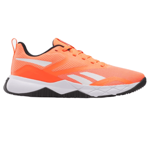 Reebok Men's NFX Training Shoes feature a vibrant orange mesh upper with white accents, a cushioned midsole, and a durable rubber outsole for grip.