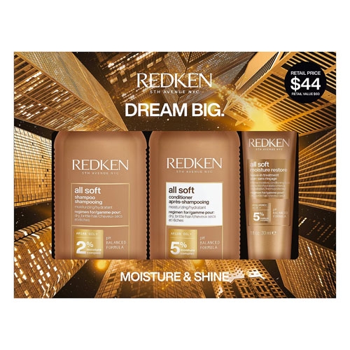 The 3-piece Redken All Soft Gift Set includes shampoo (2% moisture complex), conditioner (5% moisture complex), and a moisture restore treatment, designed for moisture and shine. The total retail price is $44 with a value of $60.