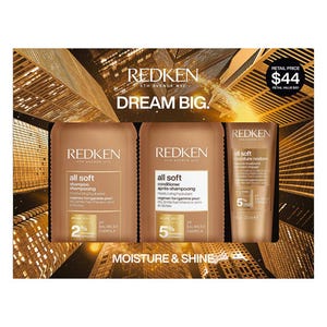 The 3-piece Redken All Soft Gift Set includes shampoo (2% moisture complex), conditioner (5% moisture complex), and a moisture restore treatment, designed for moisture and shine. The total retail price is $44 with a value of $60.