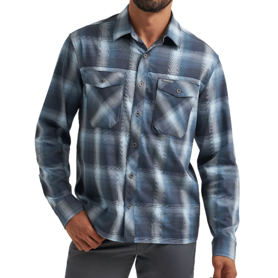 Men's long-sleeve plaid shirt in shades of blue with button closures and two chest pockets.