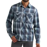 Men's long-sleeve plaid shirt in shades of blue with button closures and two chest pockets.