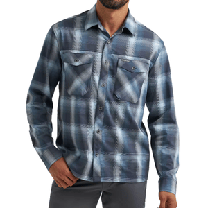 Men's long-sleeve plaid shirt in shades of blue with button closures and two chest pockets.
