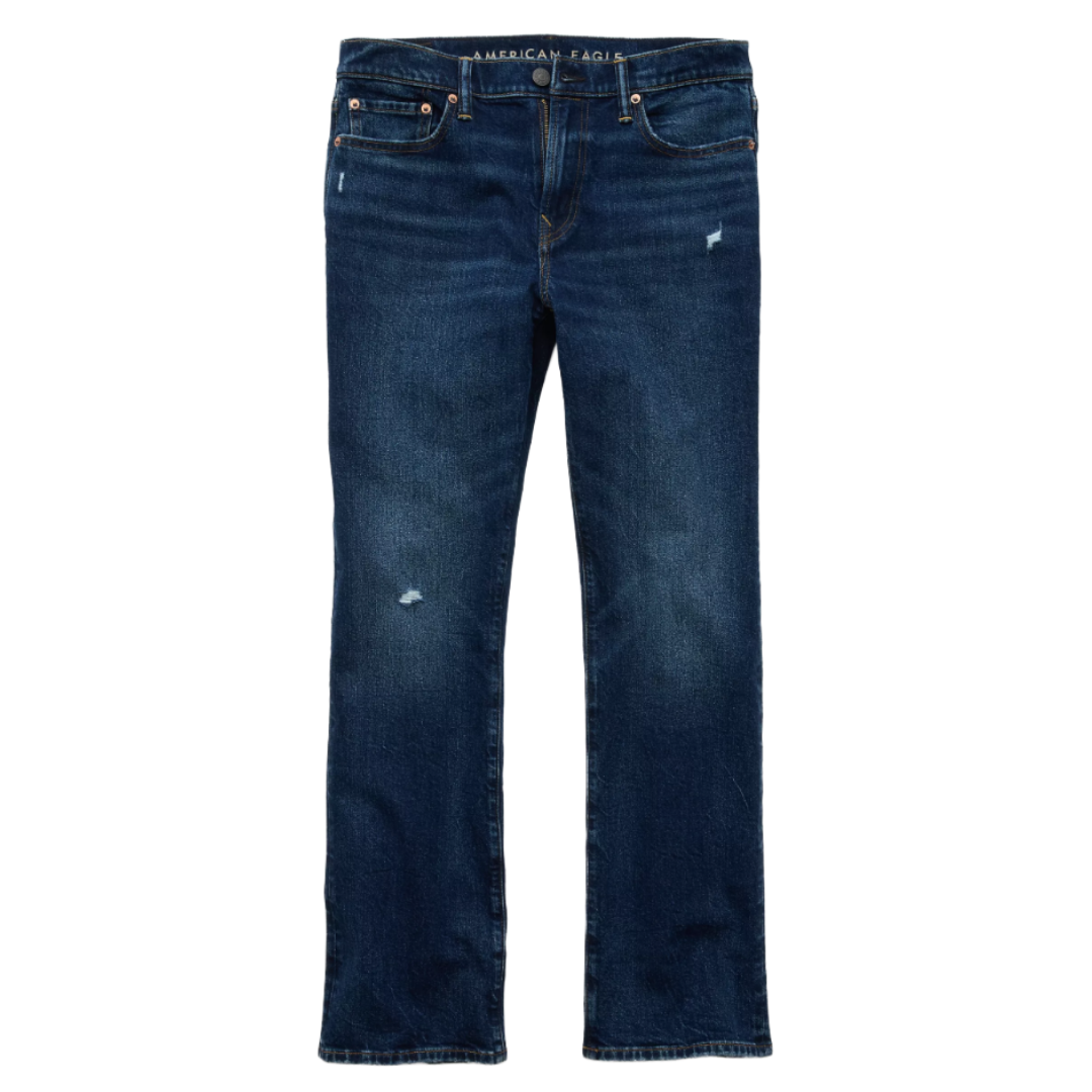 A pair of dark wash denim jeans with slight distressing, featuring a traditional five-pocket design and a button fly.