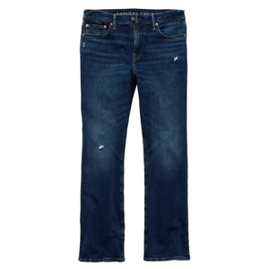 A pair of dark wash denim jeans with slight distressing, featuring a traditional five-pocket design and a button fly.