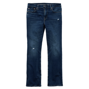 A pair of dark wash denim jeans with slight distressing, featuring a traditional five-pocket design and a button fly.