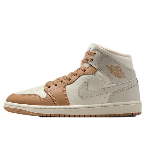 A pair of high-top sneakers in a beige and tan color scheme, featuring the iconic Nike swoosh and Air Jordan wing logo.