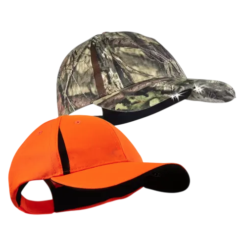 Two baseball caps are shown: one with a camouflage pattern and LED lights on the brim, and the other in bright orange with black accents.