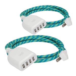 Two 4-port USB extension cords with knit-patterned blue and green cables. Each cord has a white plug and an angled wall adapter.