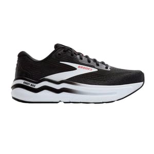 Black Brooks Ghost Max running shoe with white and black sole accents, featuring the brand name in red on the side.