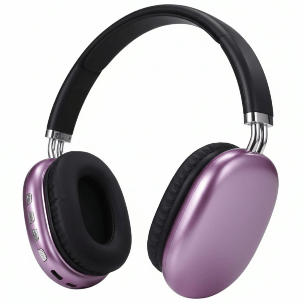 Purple over-ear wireless headphones with a black headband and cushioned ear pads, featuring side control buttons.