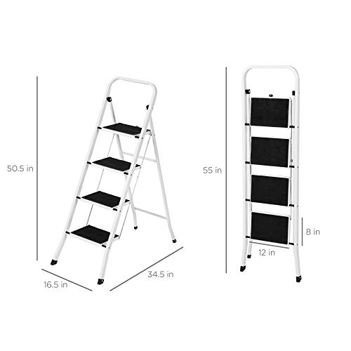 A white three-step folding ladder with dimensions: open 50.5\“ H x 34.5\“ D x 16.5\“ W, folded 55\“ H x 8\“ D x 12\“ W.