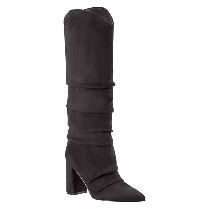 A black knee-high boot with a slouchy design and pointed toe, featuring a high block heel.
