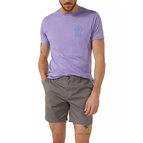 Gray shorts with a 7-inch inseam, featuring front pockets and a button closure.