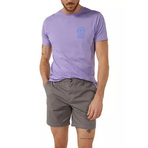 Gray shorts with a 7-inch inseam, featuring front pockets and a button closure.