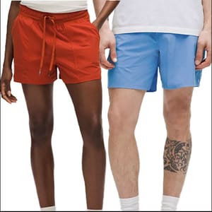 Two pairs of shorts are shown: one is red with an elastic waistband and drawstring, and the other is blue, worn by two individuals.