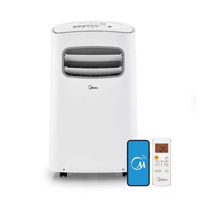 10,000BTU portable air conditioner with white body and control buttons on top, featuring a remote control and a smart connectivity icon for mobile app compatibility.