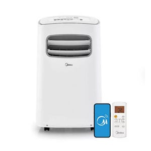 10,000BTU portable air conditioner with white body and control buttons on top, featuring a remote control and a smart connectivity icon for mobile app compatibility.